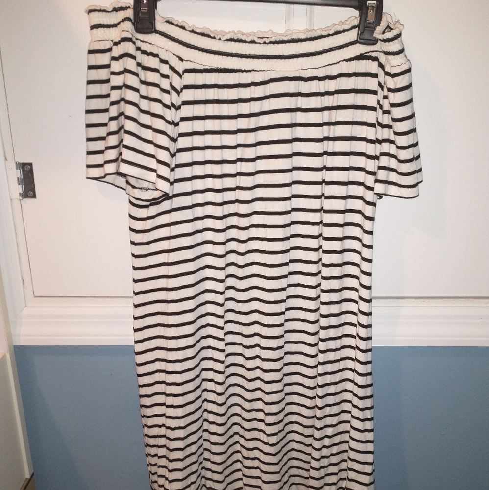 off the shoulder black and white striped dress